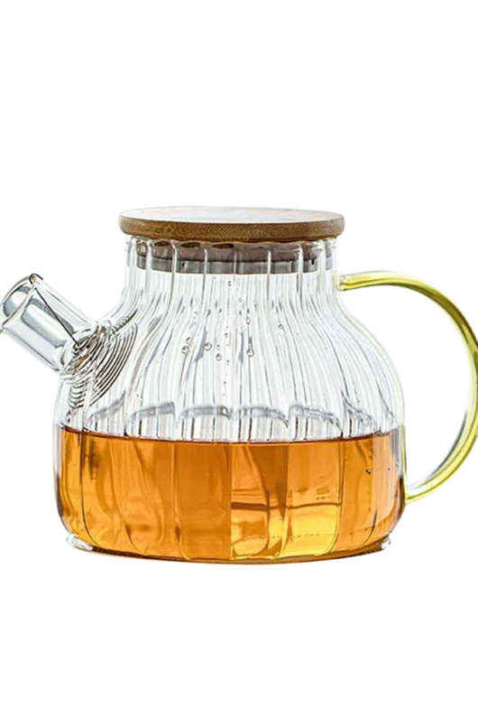 Cam Demlik 1500 ml – Bambu Kapaklı, Isıya Dayanıklı, Line Desenli Şeffaf Tasarım Palmiye Gurme