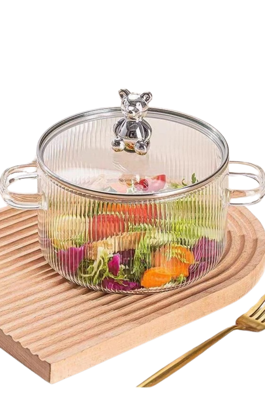 Ayıcık Temalı Borosilikat Cam Tencere – 1600 ml | Cam Kapaklı & Metal Çerçeveli Palmiye Gurme