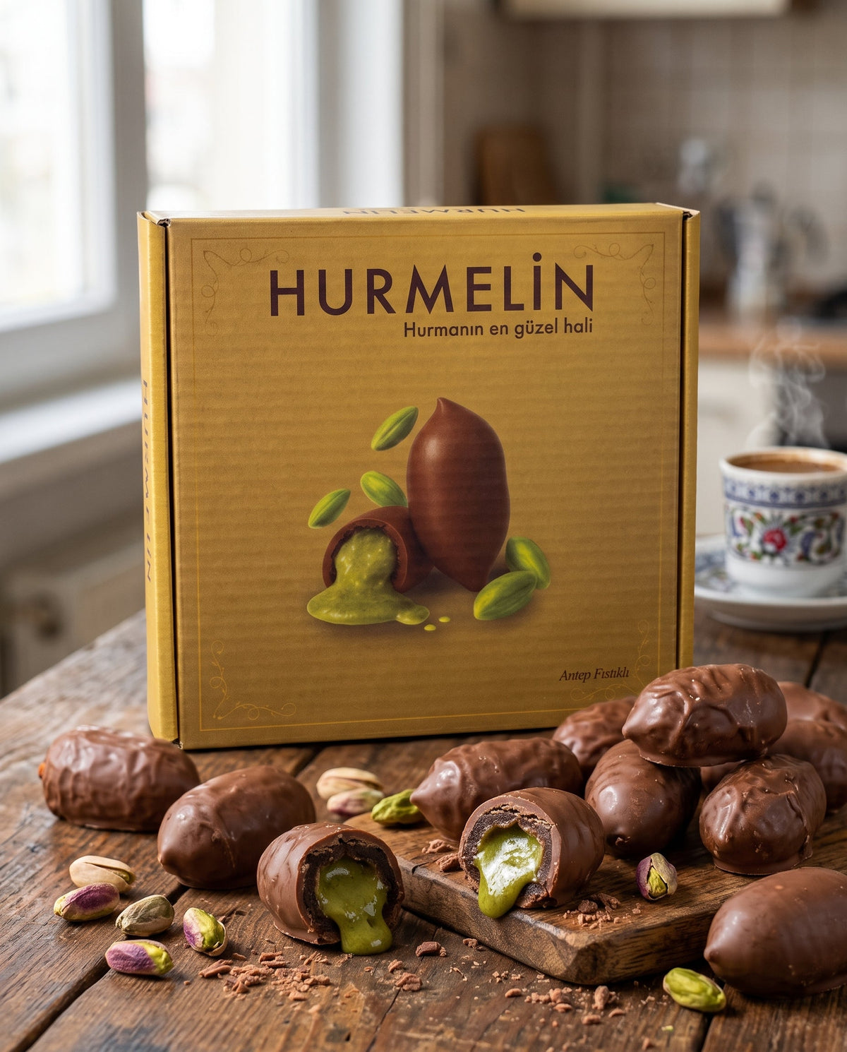 Hurmelin Antep Fıstıklı Çikolata Kaplı Hurma 500 - 1000g Palmiye Gurme
